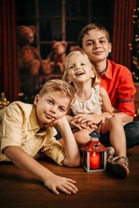 three Russian children Christmas photography shoot