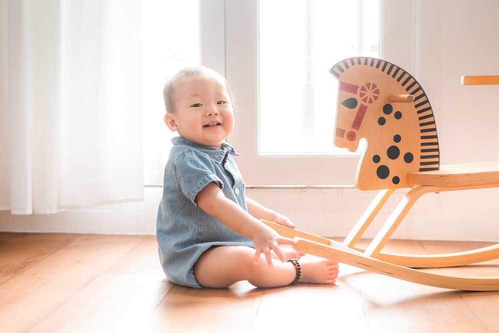 Toddler taking a picture with rocking horse