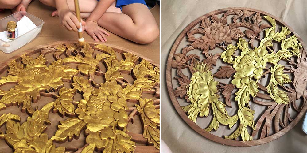 self painting peranakan wooden carving for family photoshoot