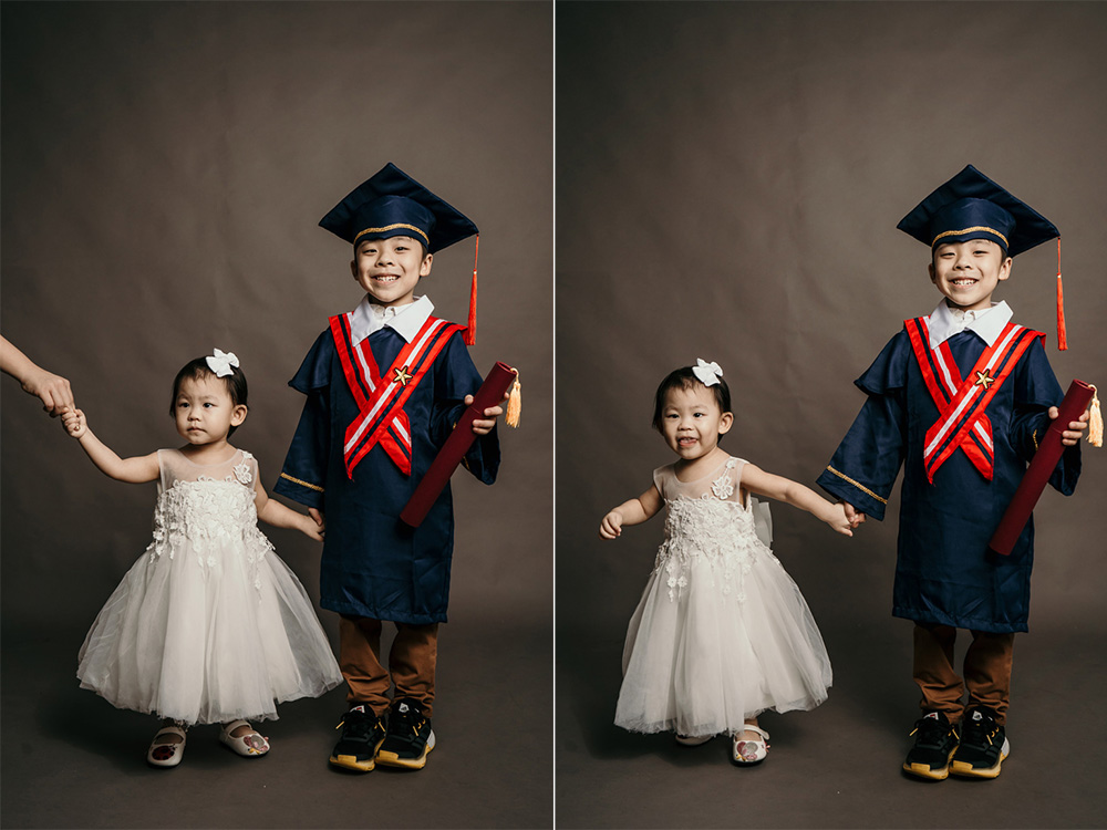 candid k2 graduation photoshoot with toddler sister