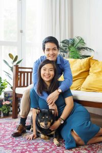 couple studio photoshoot with pet dog