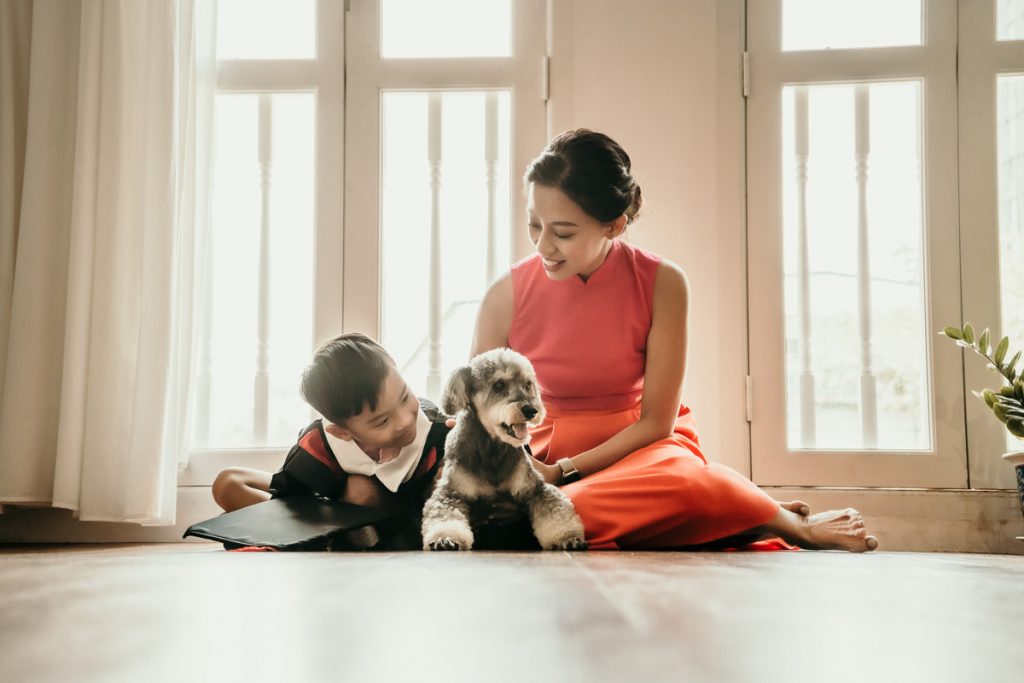 heartwarming mother son and elder pet dog photoshoot