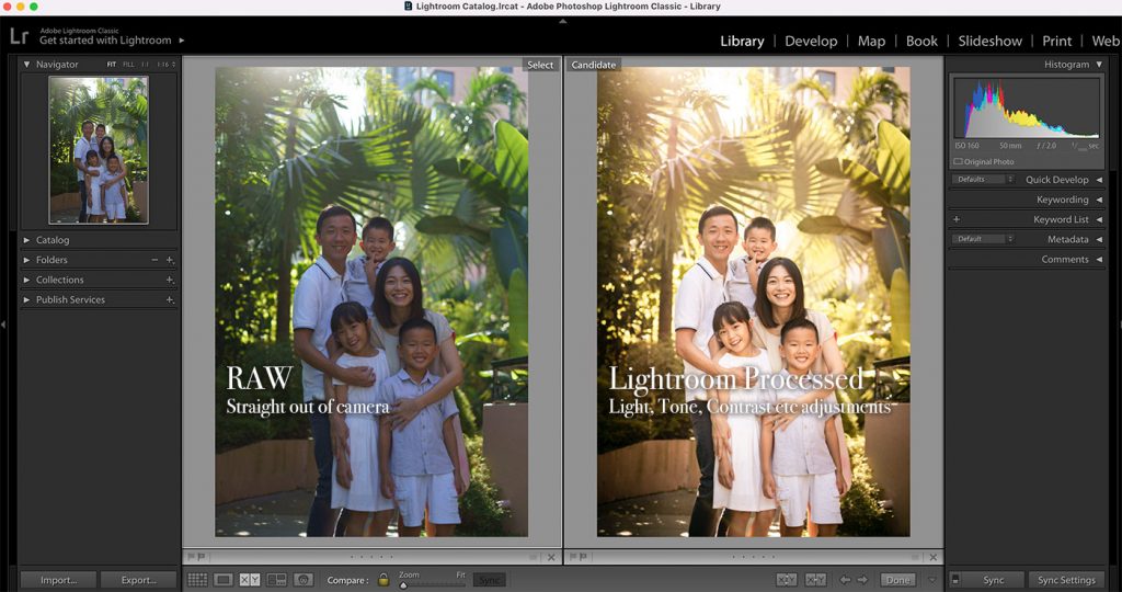 comparison of family outdoor photoshoot after professional lightroom adjustment