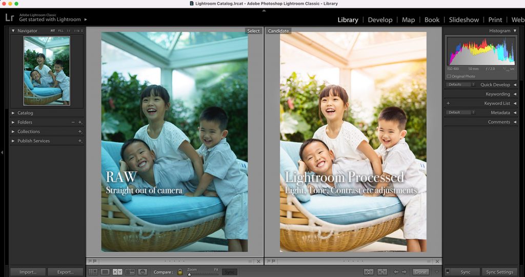 comparison of photo after being processed by professional lightroom adjustment