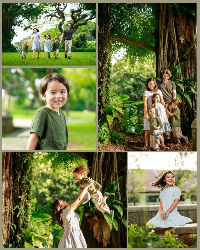 photo collage of family photoshoot with children and toddler at Sg Fort Canning park centre