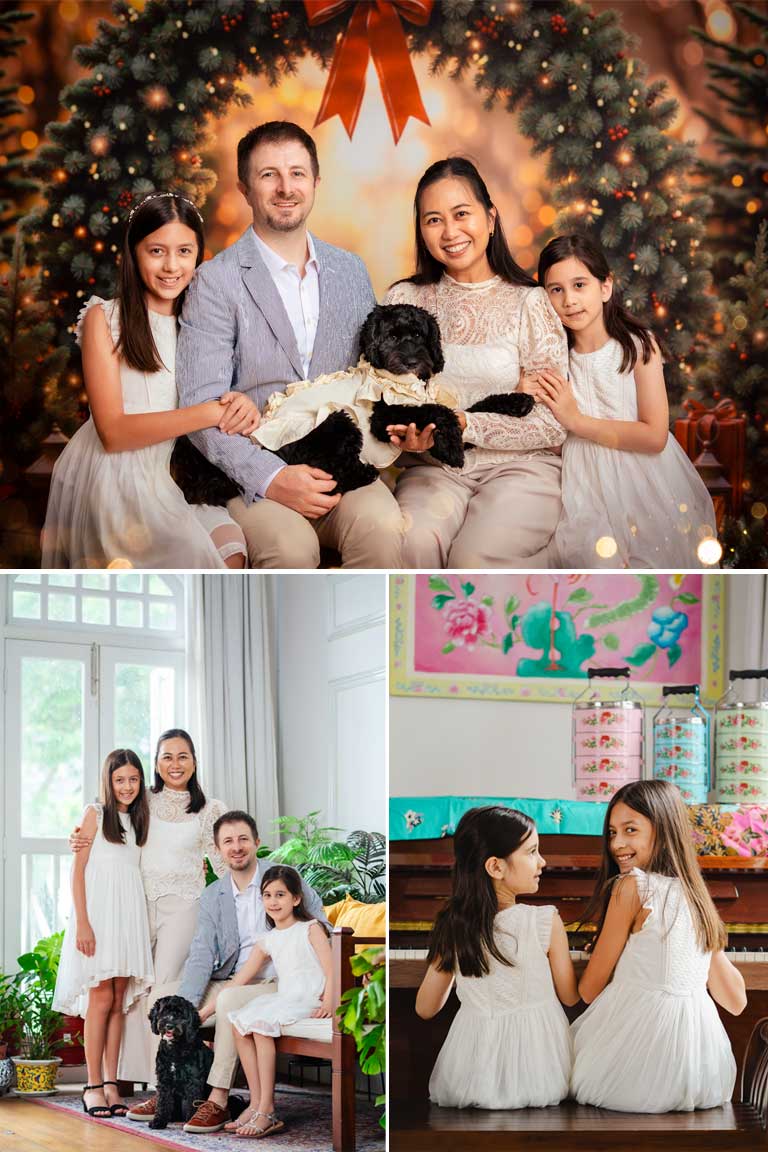 family photoshoot 4pax and 1 pet dog different settings candid creative christmas